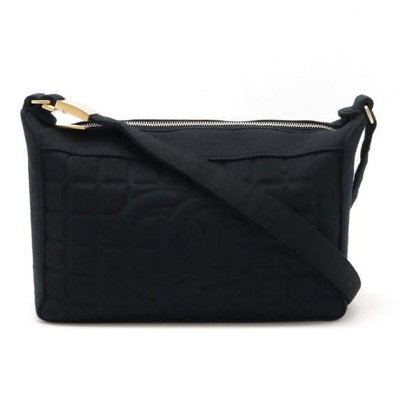 CHANEL Chocolate Bar Coco Mark Shoulder Bag Handbag Cotton Jersey Leather Black - Picture 1 of 10